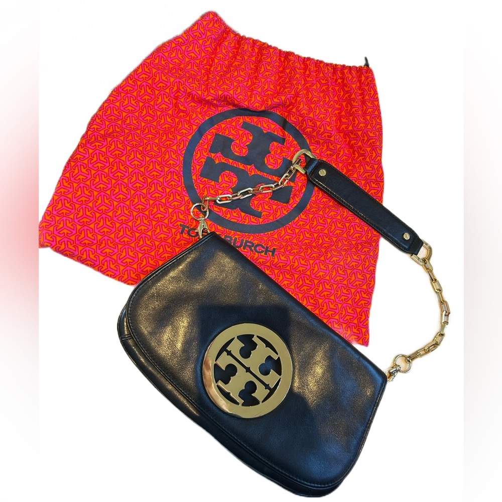 Tory Burch Black Leather and Gold Shoulder Bag with Chain Strap
